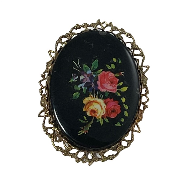 Vintage Black glass painted fancy flowers cameo brooch - Picture 4 of 6